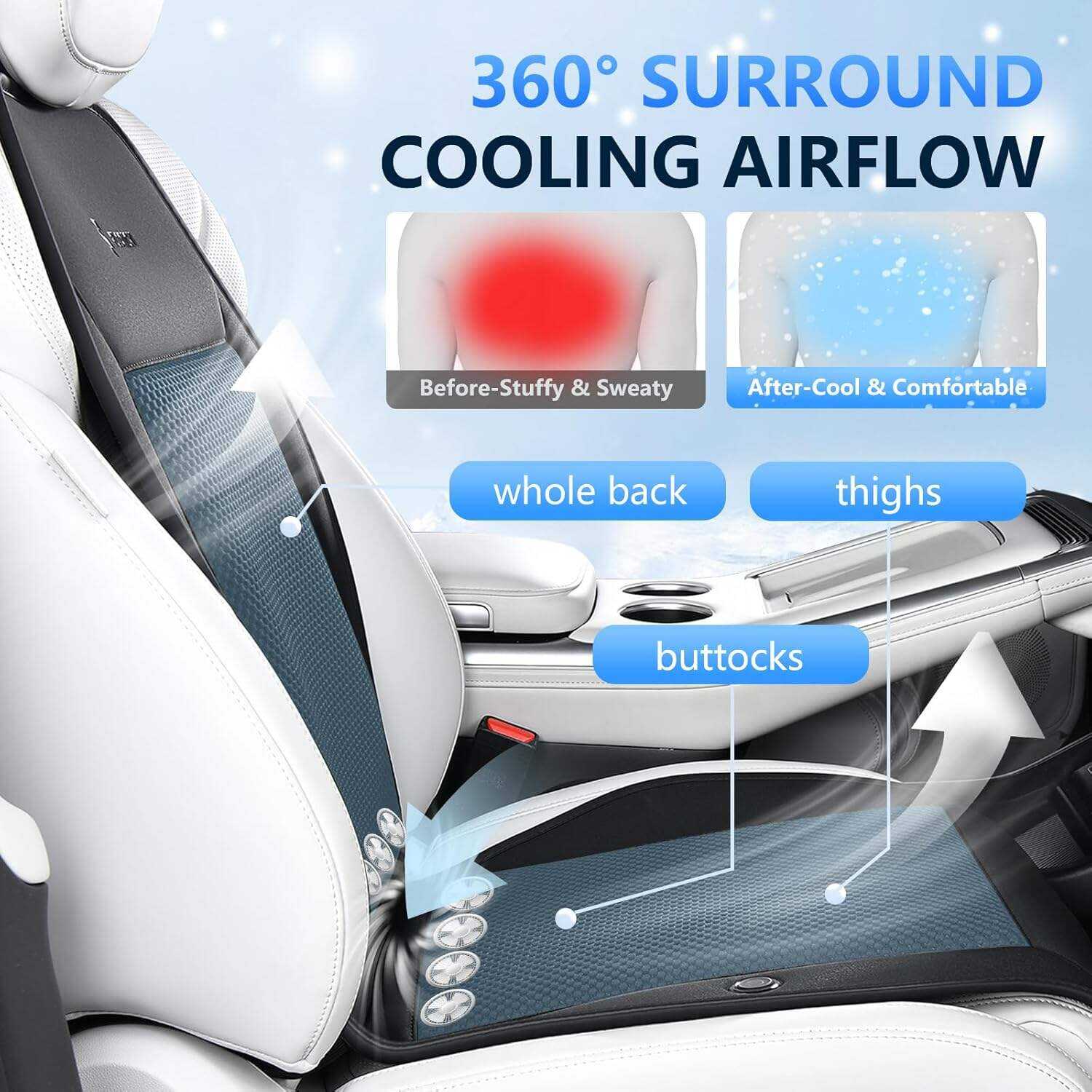 FLORICH Cooling Car Seat Cover, 12V-24V Ventilated Seat Cushion Cooling Car Seat Pad for Summer Driving with 2 Powerful Turbo Fans 3-Speed Temperature Adjustable Universal Fit for Car SUV Truck Van