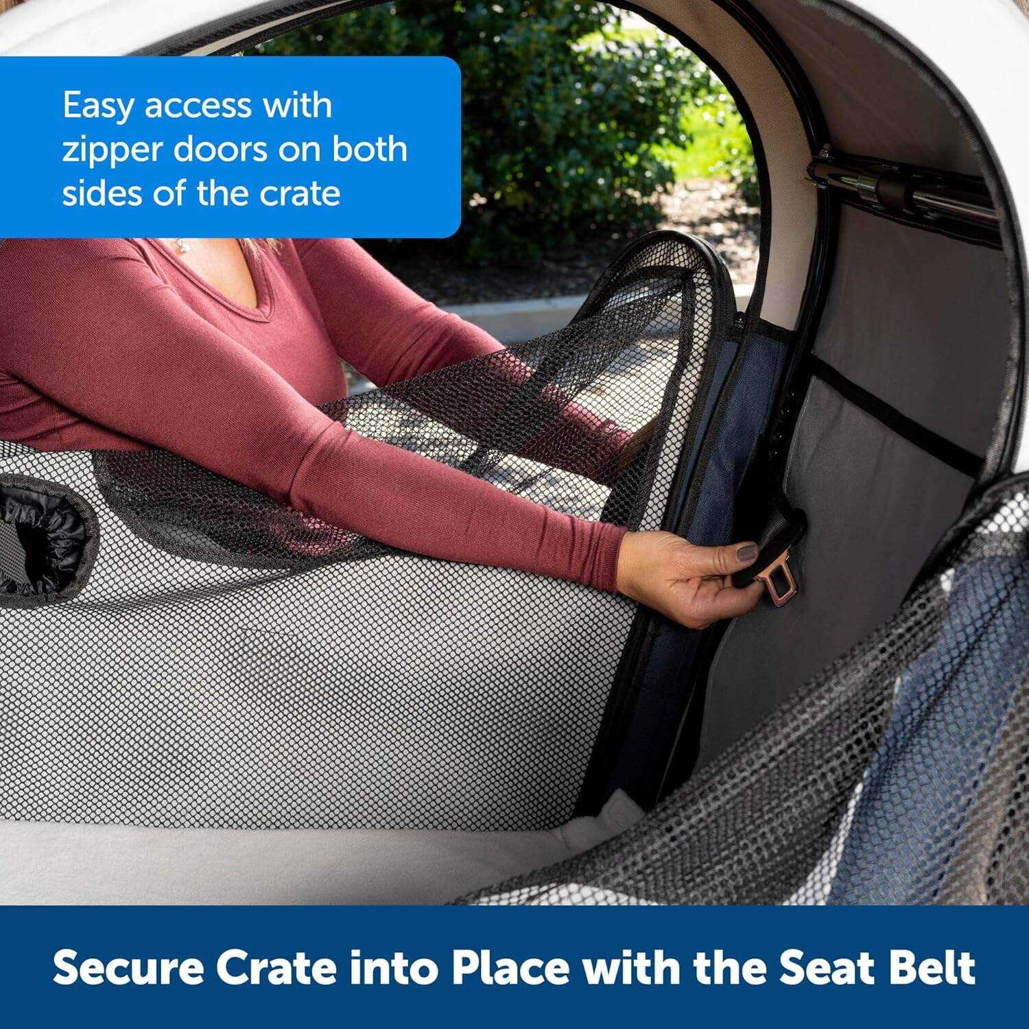 PetSafe Portable Pet Crate for Car, Aluminum Frame Dog Crate, Folds Down for Storage, Secures with Headrest Strap and Seatbelt, Pet Travel (Gray/Blue)