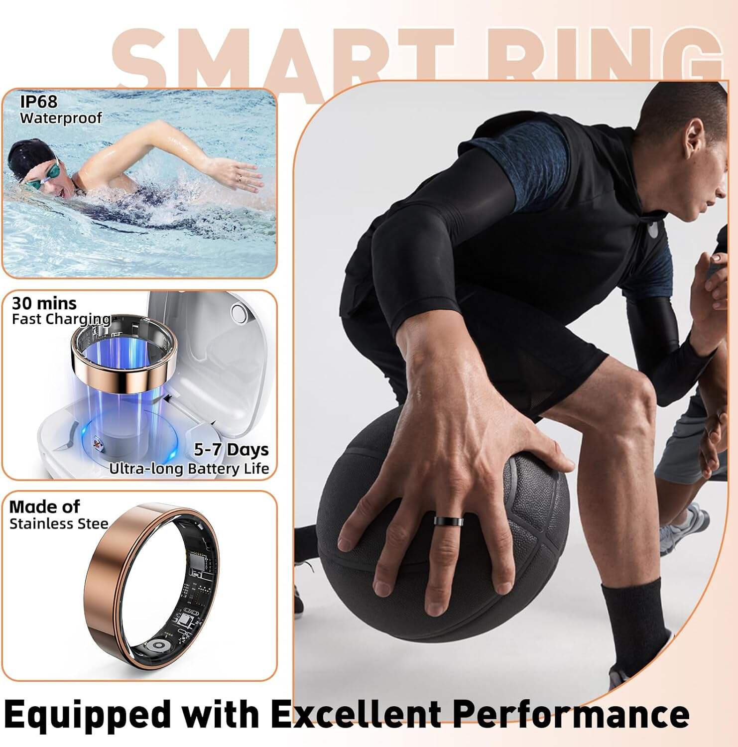 Smart Ring with Sleep Monitoring, Step Counting, Heart Rate, Blood Oxygen, Blood Pressure for iPhone and Android, No Subscription Fee, IP68 Waterproof Health Tracker (Rose Gold, 7)